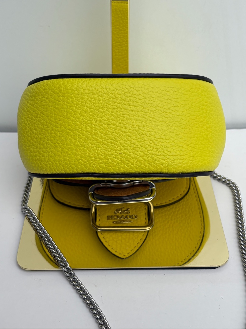 Coach Mini Morgan Saddle Crossbody Bag Neon Yellow Silver Chain Strap Purse - Picture 6 of 8